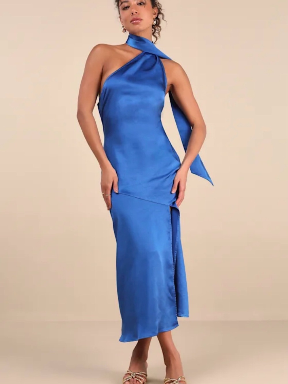 Lulu's Reglan Blue Satin One-Shoulder Sash Midi Dress 2/15